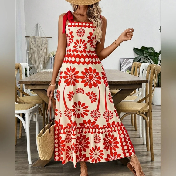 Floral Print Shoulder Strap Cinched Waist Long Vacation Leisure Dress - Picture 1 of 4